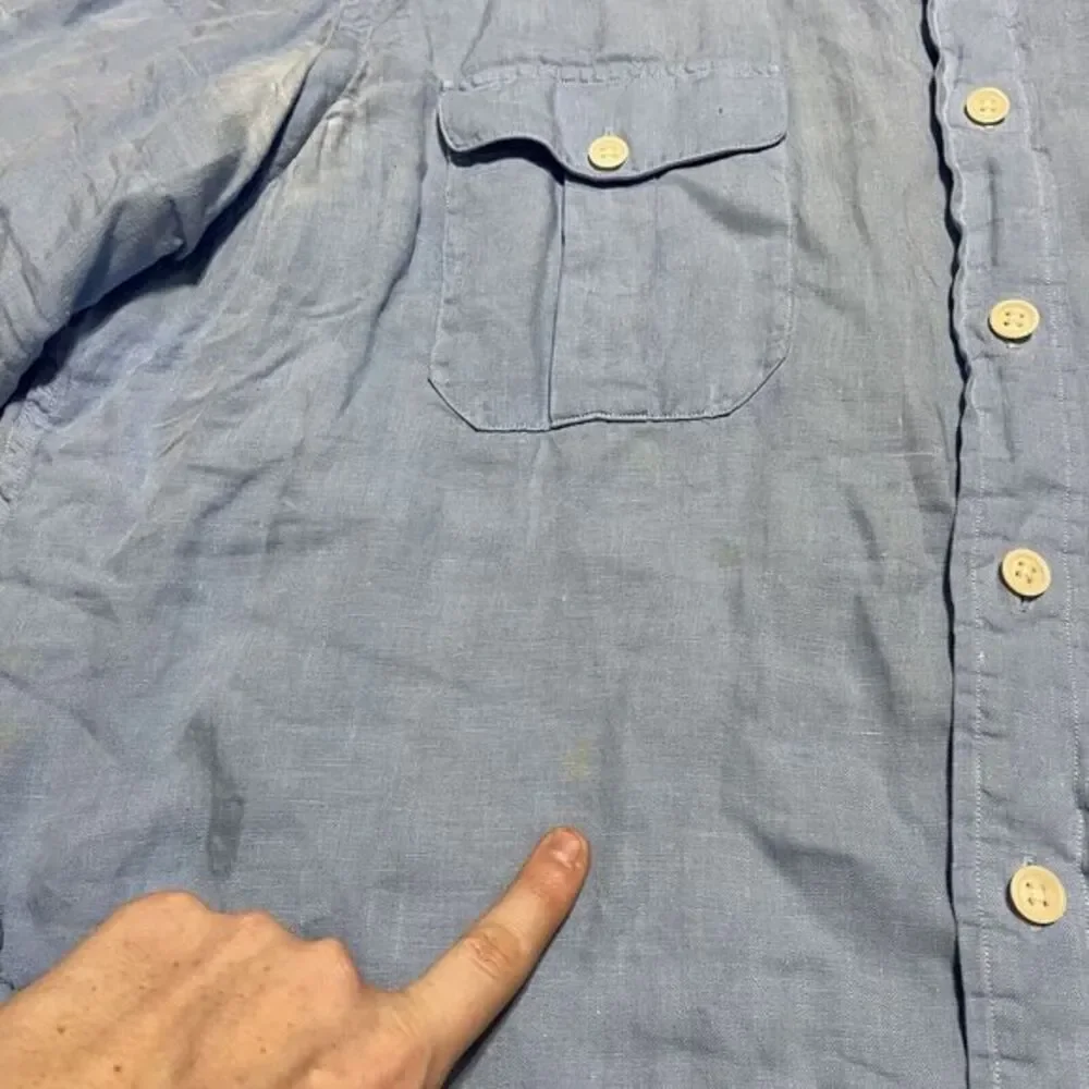 Vintage Polo Ralph Lauren Shirt Mens XL Blue 100% Linen Button‎ Up Pockets Flaws